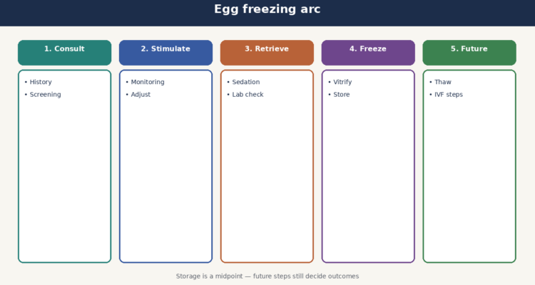 Five-step arc from fertility consult and screening to stimulation, retrieval, vitrification, and future IVF use