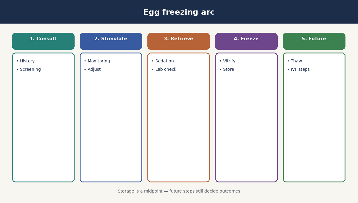 Five-step arc from fertility consult and screening to stimulation, retrieval, vitrification, and future IVF use